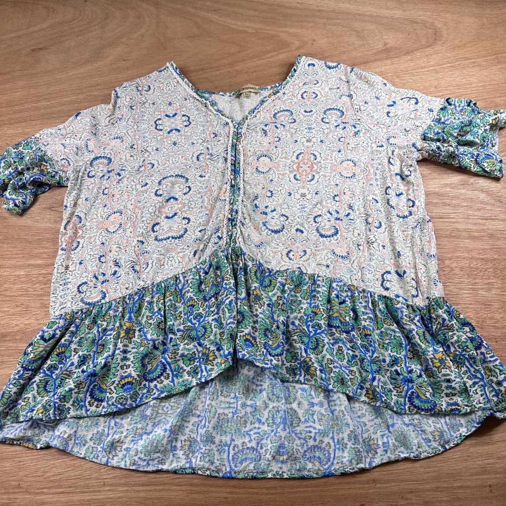 Democracy XL Boho Paisley Peplum Top Blue Green Rayon Hi Low Blouse - Picture 1 of 9